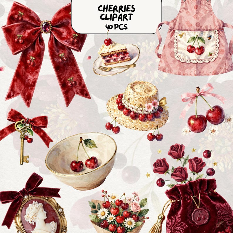 May include: A collection of cherry-themed clipart elements, including a red velvet bow, a slice of cherry cake, a straw hat adorned with cherries, and a pink apron. The image also features a bouquet of flowers and a velvet pouch. Text reads "CHERRIES CLIPART 40 PCS."