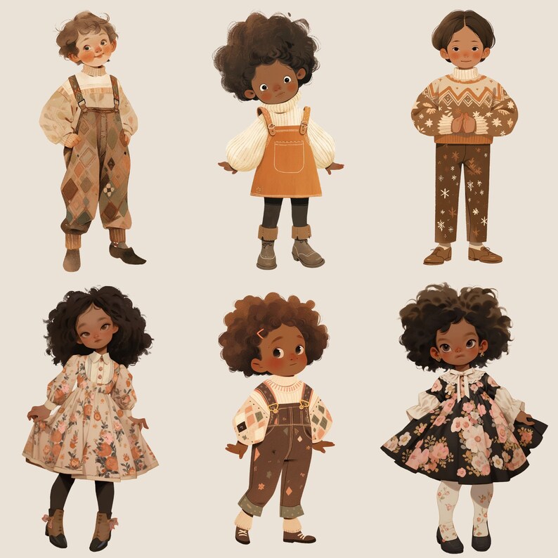May include: Six illustrated children wearing different outfits. The children have brown and black hair and are wearing a variety of clothing styles, including dresses, overalls, and sweaters.
