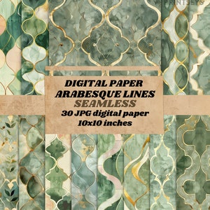 Peut inclure: Un ensemble de 30 papiers numériques avec un motif de lignes arabesques vertes et dorées sans couture. Chaque papier mesure 25,4 x 25,4 cm.