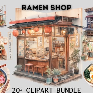 Watercolour Ramen shop clipart bundle, vintage shop, ramen, asian style, scrapbooking, instant download