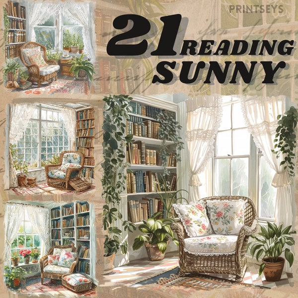 Watercolour Cozy Sunny reading Nook, clipart bundle, Warm Spring reading corner, instant , digital sticker, reading, books, cottagecore