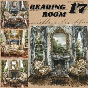 Angolo di lettura vintage accogliente dell'acquerello, pacchetto di clipart, angolo di lettura dei vecchi soldi, istantaneo, adesivo digitale, lettura, libri, cottagecore