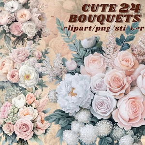 Buquê de flores delicadas em aquarela, pacote de clipart, buquê de decoração de casamento, transparente, download instantâneo, adesivos digitais florais, diário