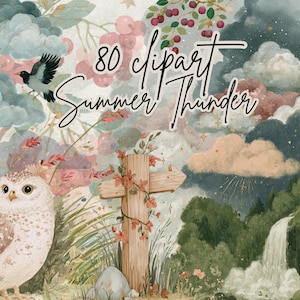 May include: A digital illustration featuring an owl, birds, a wooden signpost, and a waterfall under a stormy sky with clouds and stars. The text 80 clipart Summer Thunder is centered in black script. The scene includes pink berries and green foliage.