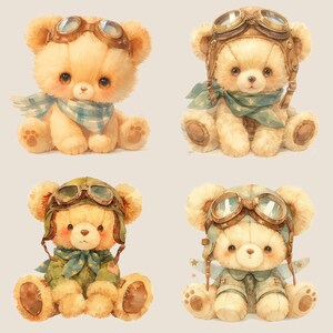Söt vintage nallebjörn pilot digitalt klistermärke, vintage flygplan clipart paket, transparent clipart, omedelbar nedladdning, vintage nalle leksaksflygplan bild 4