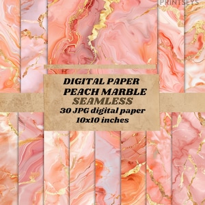Papiers numériques à motif marbré pêche et or, textures de marbre sans couture avec veine dorée, téléchargement immédiat, papier imprimable à usage commercial