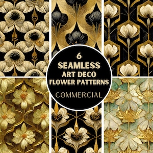 6 Art Deco Floral patterns, gold and black, art nouveau,  Seamless Pattern, freebies, Commercial Use, Digital Pattern, pattern bundle