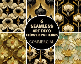 6 Art Deco Floral patterns, gold and black, art nouveau,  Seamless Pattern, freebies, Commercial Use, Digital Pattern, pattern bundle