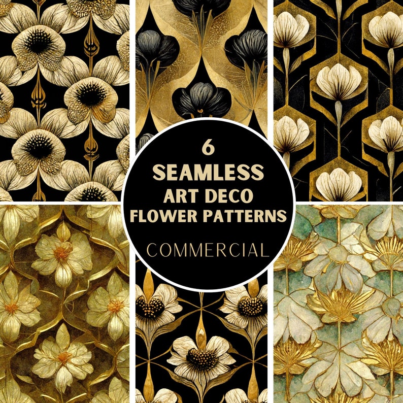 6 Art Deco Floral patterns, gold and black, art nouveau, Seamless Pattern, freebies, Commercial Use, Digital Pattern, pattern bundle image 1