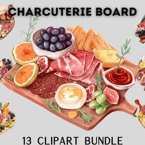 Pacchetto clipart di salumi ad acquerello, tagliere di carne, tagliere di vino, clipart di cibo, scrapbooking di cibo, download istantaneo