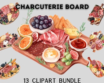Aquarel charcuterie board clipart bundel, vleesbord, wijnbord, voedsel clipart, voedsel scrapbooking, instant download