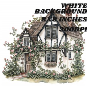 May include: A watercolor painting of a white cottage with a thatched roof, surrounded by climbing roses. The cottage has black framed windows and a brown door. The background is white.