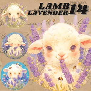 lamb and lavender digital stickers, very cute kawaii lamb clipart, floral girly png, adorable journaling, transparent  png, junk journaling