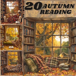 Leitura aconchegante em aquarela Nook vibrações de outono, pacote de clipart, canto de leitura com vista para o jardim, instantâneo, adesivo digital, leitura, livros,