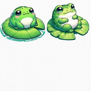 May include: Two cartoon frogs sitting on lily pads. The frogs are green with white bellies and large black eyes. The lily pads are green with water droplets.
