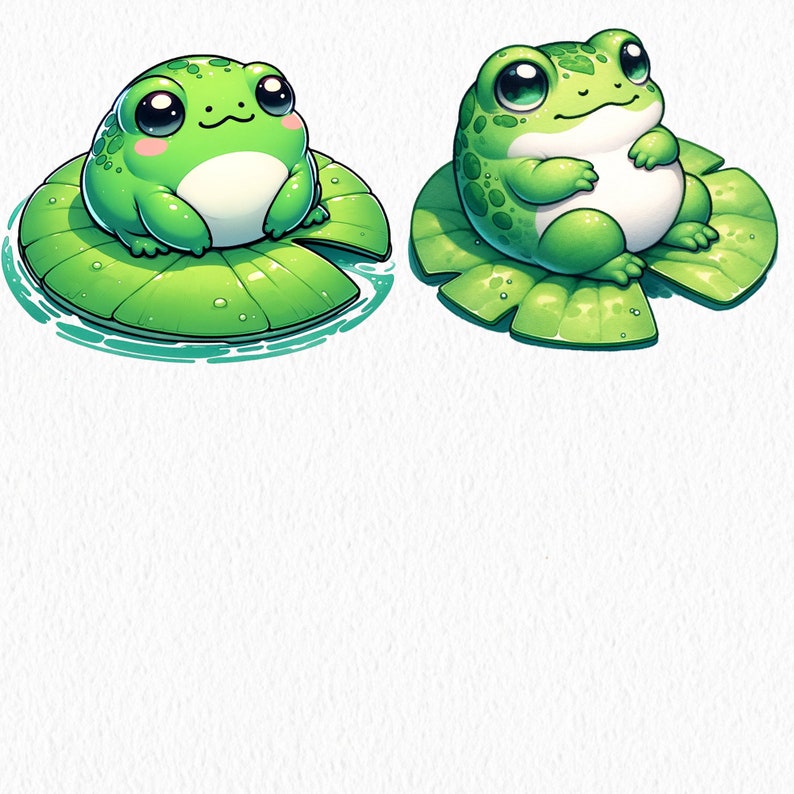 May include: Two cartoon frogs sitting on lily pads. The frogs are green with white bellies and large black eyes. The lily pads are green with water droplets.