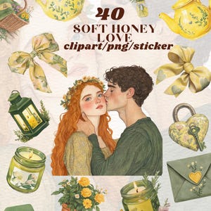 Conjunto de pegatinas digitales de romance de miel suave, kit de diario transparente PNG de San Valentín, lindo conjunto de imágenes prediseñadas románticas, paquete de scrapbooking cottagecore