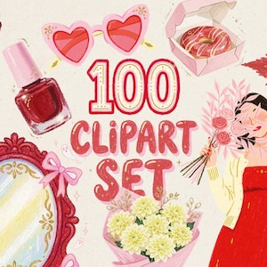 May include: A digital illustration set featuring 100 clipart elements including a cupcake, heart-shaped sunglasses, a donut in a box, a bottle of red nail polish, a red ornate mirror with bows, a bouquet of flowers, and a person in a red dress.