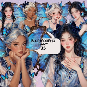 May include: Digital artwork showing multiple women with blue butterfly wings and accessories. The image includes the text "Blue Morpho Fairy 35". The women have diverse skin tones and hairstyles, all decorated with blue butterfly details and jewellery.