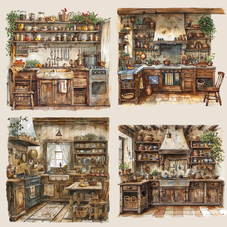Watercolour Rustic Cozy Cottagecore Kitchen Clipart Bundle, Cozy ...
