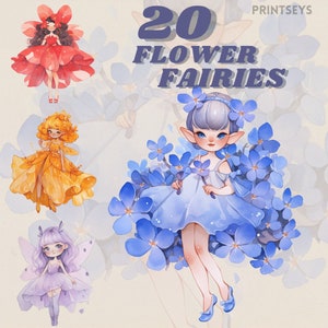 May include: Illustration of 20 Flower Fairies. Three fairies are shown in the image. One fairy is wearing a red flower dress, another is wearing a yellow flower dress, and the third is wearing a blue flower dress. The text "20 FLOWER FAIRIES" is at the top of the image.