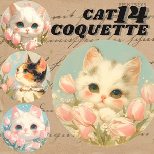 adesivos digitais de gatinho coquete, clipart de gatinho kawaii muito fofo, tulipa feminina png, diário adorável, png transparente, diário indesejado