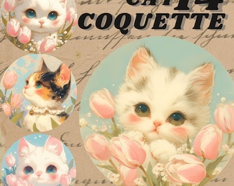 Kokette Kätzchen digitale Aufkleber, sehr süße Kawaii Kätzchen Clipart, mädchenhafte Tulpe png, entzückendes Journaling, transparentes PNG, Junk Journaling