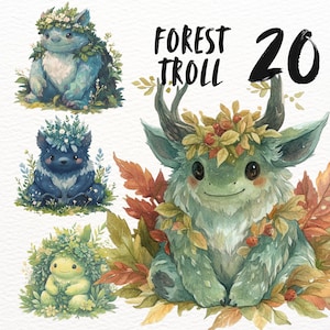 Könnte beinhalten: Drei Aquarell-Illustrationen von Waldtrollen. Der erste Troll ist blau mit einer weißen Blütenkrone und sitzt auf einem Bett aus grünen Blättern. Der zweite Troll ist blau mit einer weißen Blütenkrone und sitzt auf einem Bett aus grünen Blättern. Der dritte Troll ist grün mit einer roten Beerenkrone und sitzt auf einem Bett aus braunen und grünen Blättern. Der Text "FOREST TROLL 20" ist oben im Bild in Schwarz geschrieben.