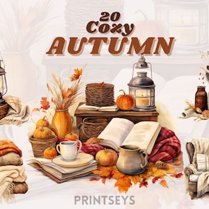 Aquarelle confortable paquet de cliparts d’automne, clipart d’automne, décor d’automne, bougies, lancers, feuilles d’automne, clipart cottagecore, livres, gland