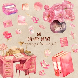 Feminine Pink Office digital sticker bundle, watercolour office clipart set, transparent goodnote png, transparent journaling download