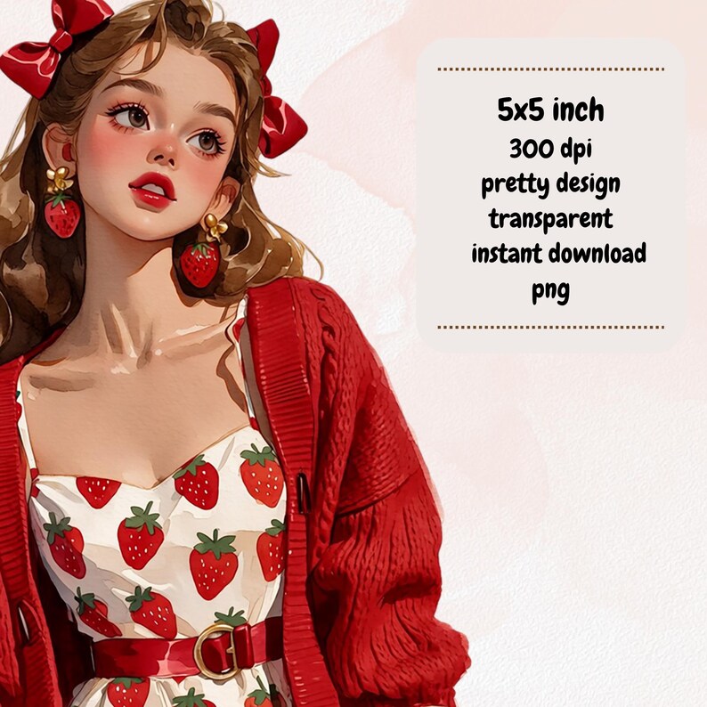 May include: Illustration of a woman wearing a red cardigan, a white dress with strawberry patterns, and strawberry earrings. The image includes text that says "5x5 inch, 300 dpi, pretty design, transparent, instant download, png."