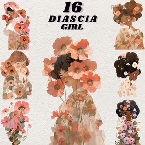 Adesivi digitali Spring Diascia Flower Girl, journaling di clipart primaverili, png fiore primaverile, adesivo stravagante, trasparente, scrapbooking