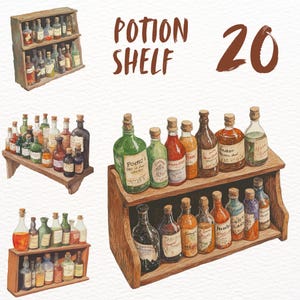 May include: A watercolor illustration of a potion shelf with 20 glass bottles filled with colorful liquids. The shelf is made of wood and has a rustic look. The text "POTION SHELF 20" is written above the shelf.