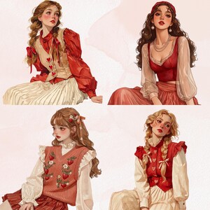 May include: Four illustrations of women in romantic, vintage-inspired outfits. Each figure is depicted with rosy cheeks and detailed hairstyles. The outfits feature red, cream, and white colors, with heart and strawberry motifs. The overall aesthetic is soft and feminine.