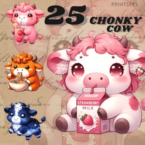 Chonky Chibbi Kuh digitale Aufkleber, Valentine png, Kawaii Kuh png, süße Kuh Clipart, süße Clipart, bunte Kuh Clipart Bundle, kommerziell
