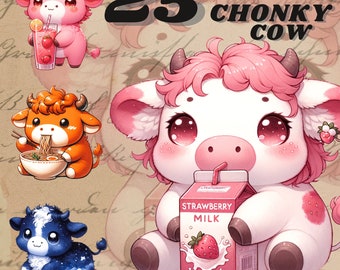 Pegatinas digitales de vaca Chonky chibbi, png de San Valentín, png de vaca kawaii, imágenes prediseñadas de vaca linda, imágenes prediseñadas lindas, paquete de imágenes prediseñadas de vaca colorida, comercial