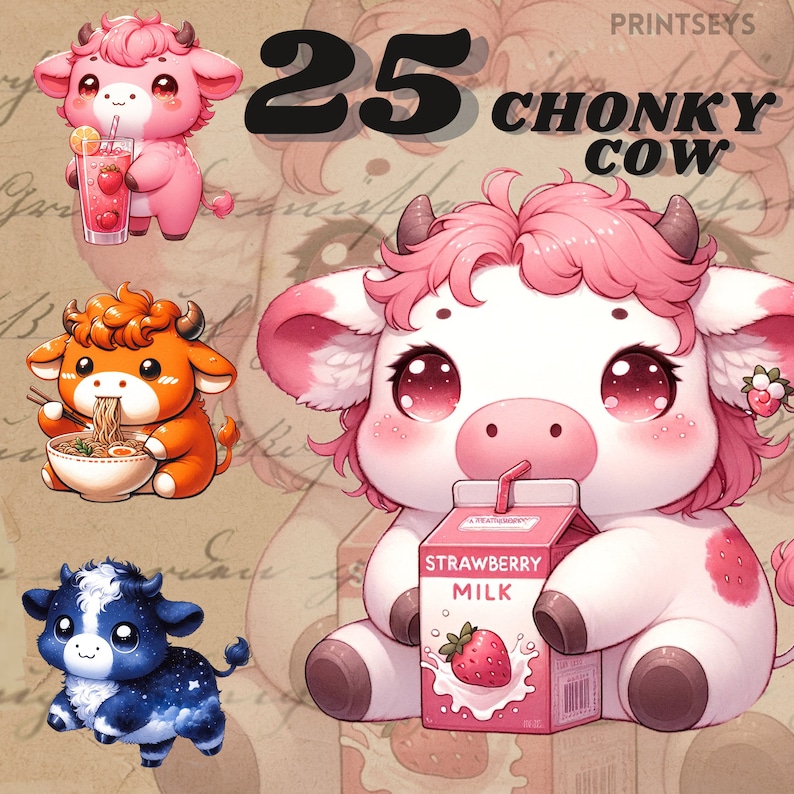 Pu&ograve; includere: Un'illustrazione di cartone animato di una mucca rosa, bianca e marrone con occhi grandi, che tiene una confezione di latte alla fragola. La confezione ha il testo "Strawberry Milk". La mucca &egrave; seduta su uno sfondo rosa e bianco con il testo "25 Chonky Cow" sopra.