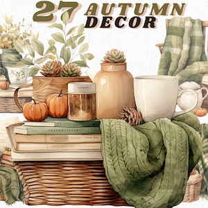 Pacote de clipart de outono aconchegante em aquarela, clipart de outono, decoração de outono, velas, mantas, folhas de outono, clipart cottagecore, livros, bolota