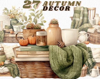 Watercolour cozy autumn clipart bundle, fall clipart, autumn decor, candles, throws, autumn leaves, cottagecore clipart, books, acorn