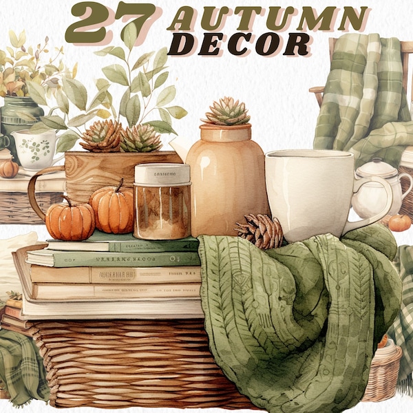 Watercolour cozy autumn clipart bundle, fall clipart, autumn decor, candles, throws, autumn leaves, cottagecore clipart, books, acorn