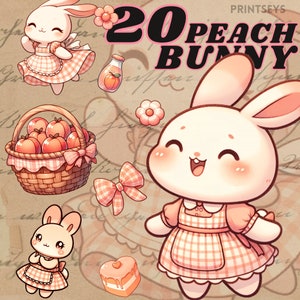 Kawaii Pfirsich Häschen digitale Aufkleber, Valentine png, Png Png, Pfirsich, niedliche Clipart, niedliche Clipart, Valentinstag Clipart Bündel, kommerziell