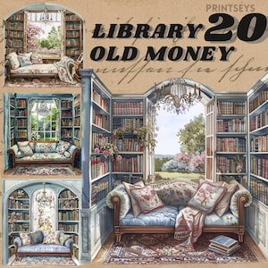 Biblioteca vintage di vecchi soldi dell'acquerello, pacchetto di clipart, angolo di lettura estivo, istantaneo, adesivo digitale, lettura, libri, biblioteca cottagecore