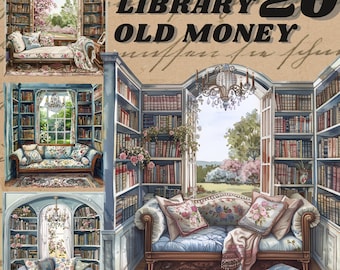 Watercolour old money vintage library, clipart bundle, summer reading corner, instant , digital sticker, reading, books, cottagecore library