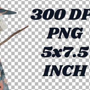 May include: A digital illustration of a witch with a black hat and a floral dress holding a broom. The text "300 DPI PNG 5x7.5 INCH" is in the background.