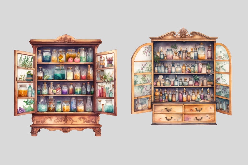 Watercolour Witches Apothecary Cabinet Clipart, Wiccan png, magic clip art, mystical clipart, witchcraft png clipart, pagan . clipart bundle image 6