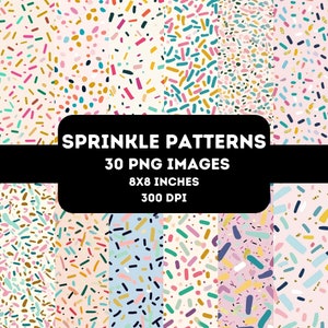 Könnte beinhalten: Eine Sammlung farbenfroher Streumuster in verschiedenen Designs. Das Bild enthält den Text "SPRINKLE PATTERNS 30 PNG IMAGES 8x8 INCHES 300 DPI". Die Muster zeigen eine Mischung aus Farben, darunter Rosa, Blau, Gold und Braun, auf hellem Hintergrund.