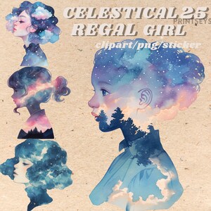 May include: Three digital illustrations of girls with their heads filled with watercolor clouds and stars. The girls are in profile and have long hair. The background is a light brown.