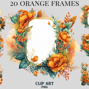 Aquarell Orange Blumenrahmen Clipart Bundle, Italien Clipart, Vintage Rahmen, Bilderrahmen Clipart, dunkle Ästhetik, Goldwasser Clipart