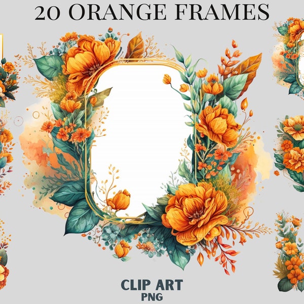 Watercolour Orange Flower frames Clipart bundle, italy clipart, vintage frame, image border clipart, dark aesthetic, gold water clipart