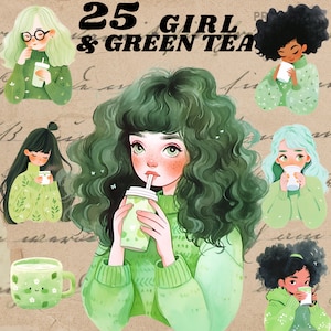Cute Green tea girl digital stickers, cozy tea drinking clipart journaling,cozy homey png, whimsical sticker, transparent, scrapbooking